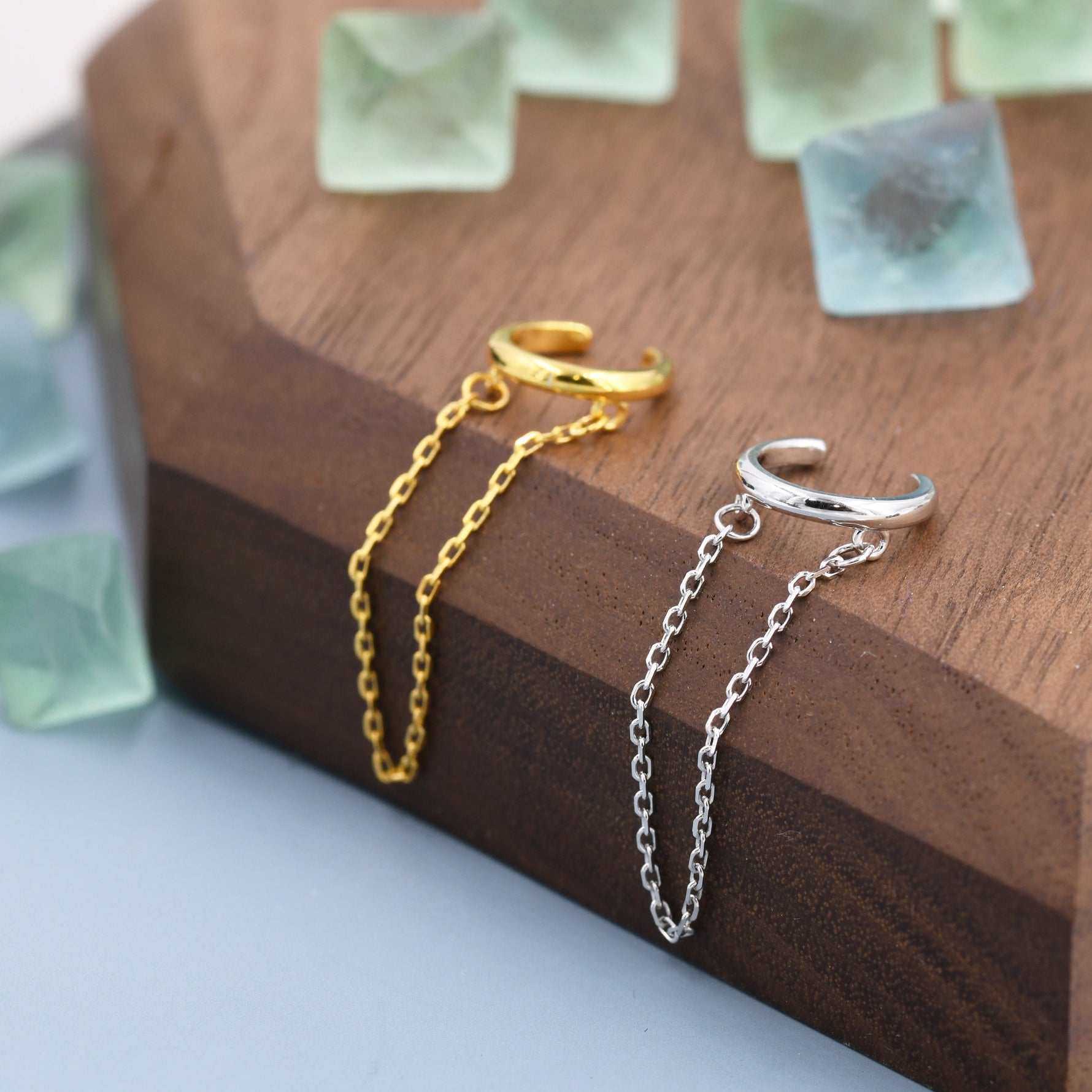 Piercing Free Sterling Silver Ear Cuff with Dangling Chain, Silver or Gold, Piercing Free Earrings, Minimalist Ear Cuff, Chained Ear Cuff