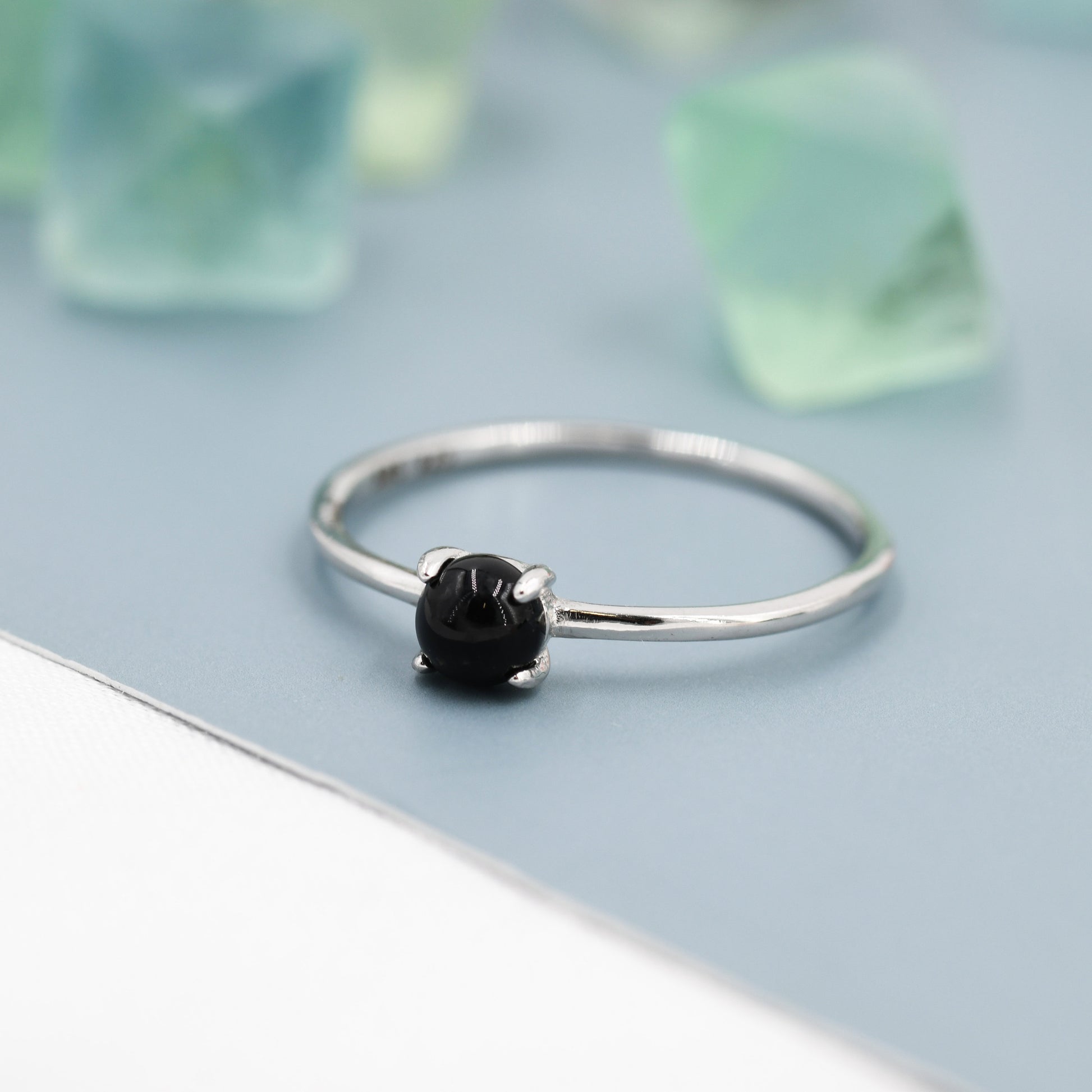 Black Onyx Ring in Sterling Silver, US 5 - 8, Natural Black Onyx Ring, Simple Gemstone Ring, Semi-Precious, Genuine Stone