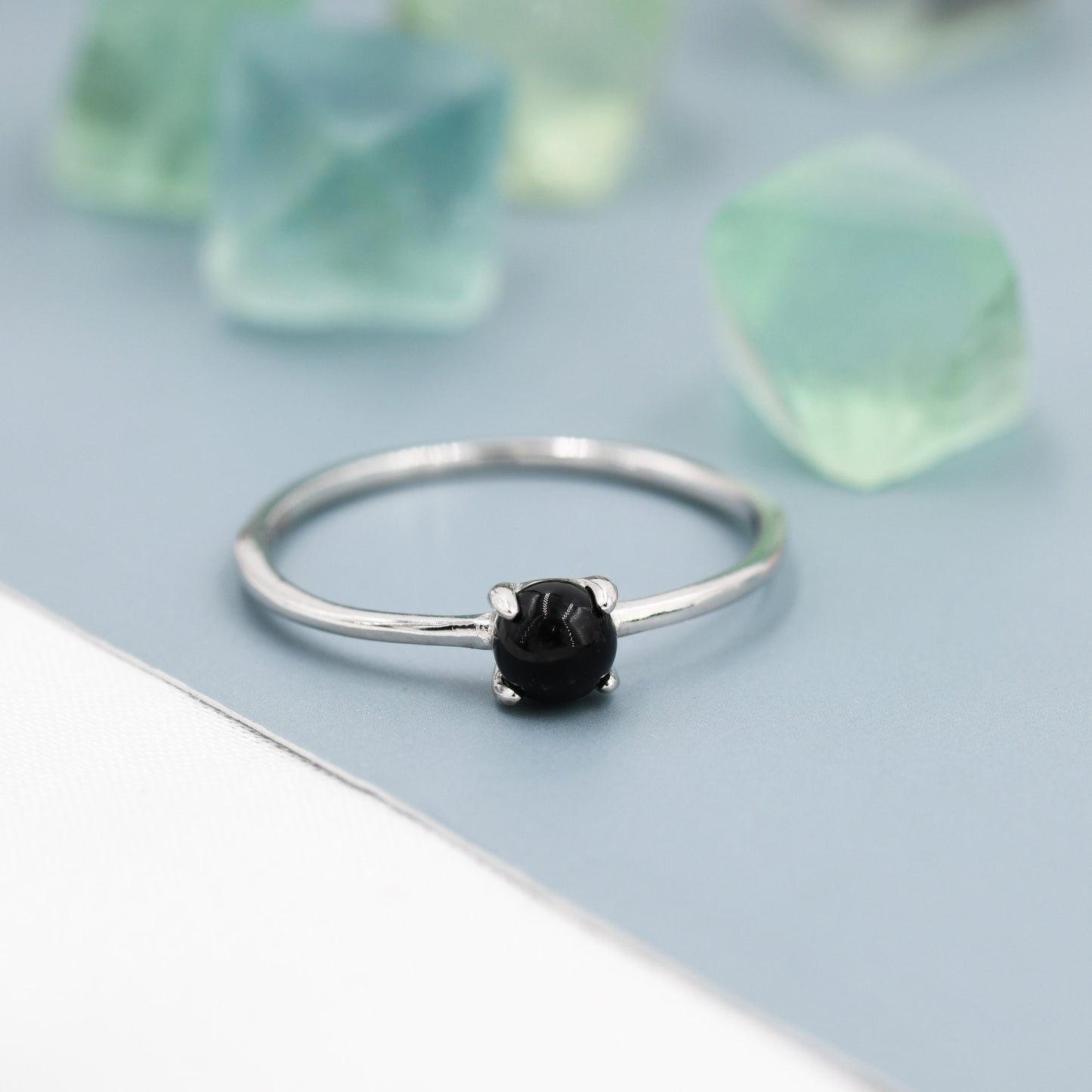 Black Onyx Ring in Sterling Silver, US 5 - 8, Natural Peridot Ring, Simple Gemstone Ring, Semi-Precious, Genuine Stone