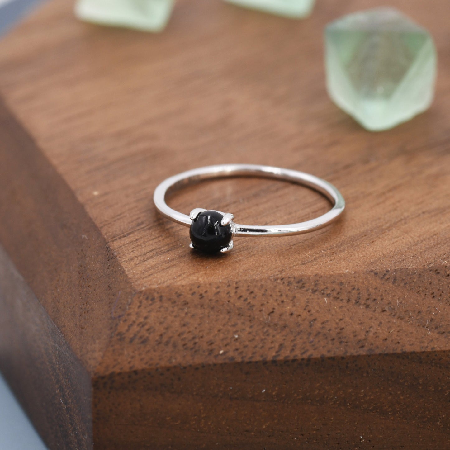 Black Onyx Ring in Sterling Silver, US 5 - 8, Natural Peridot Ring, Simple Gemstone Ring, Semi-Precious, Genuine Stone