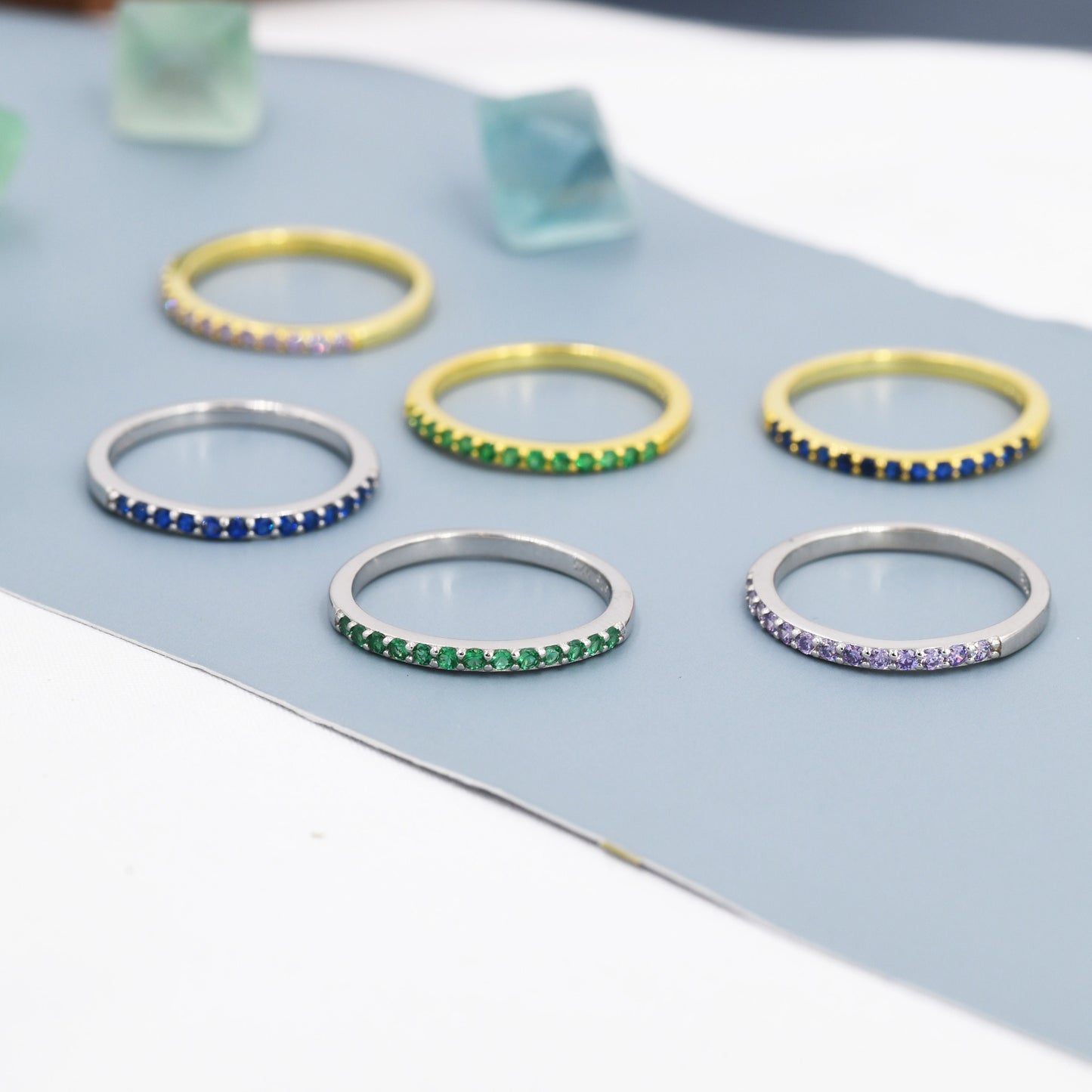 Amethyst Lilac Purple Half Eternity Ring in Sterling Silver, Silver or Gold, Green Purple CZ Skinny Ring, Minimalist Stacking Ring US 5 - 8