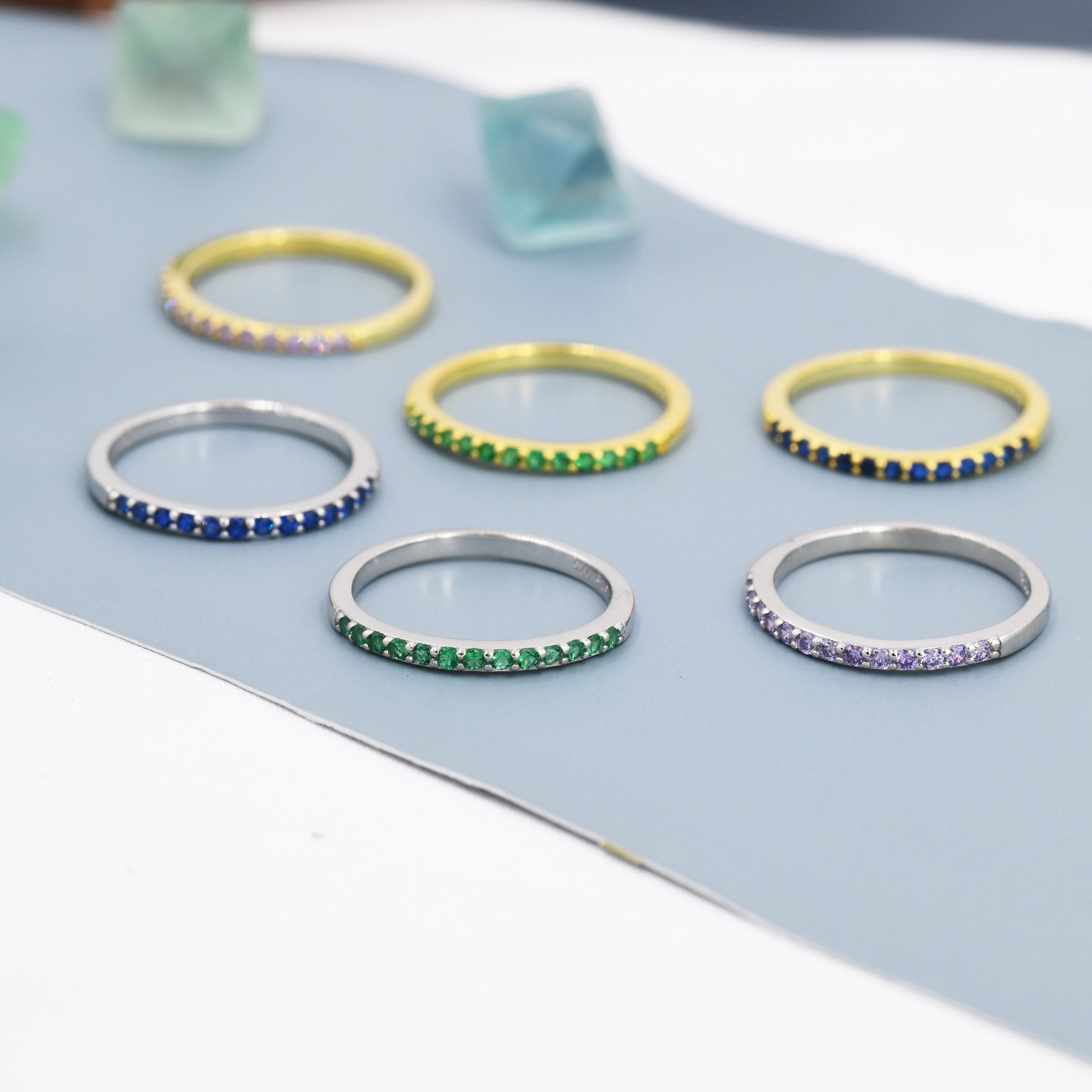 Amethyst Lilac Purple Half Eternity Ring in Sterling Silver, Silver or Gold, Green Purple CZ Skinny Ring, Minimalist Stacking Ring US 5 - 8