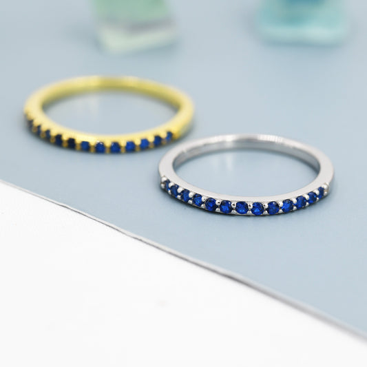 Sapphire Blue Half Eternity Ring in Sterling Silver, Silver or Gold, Blue Sapphire CZ Skinny Ring, Minimalist Stacking Ring US 5 - 8