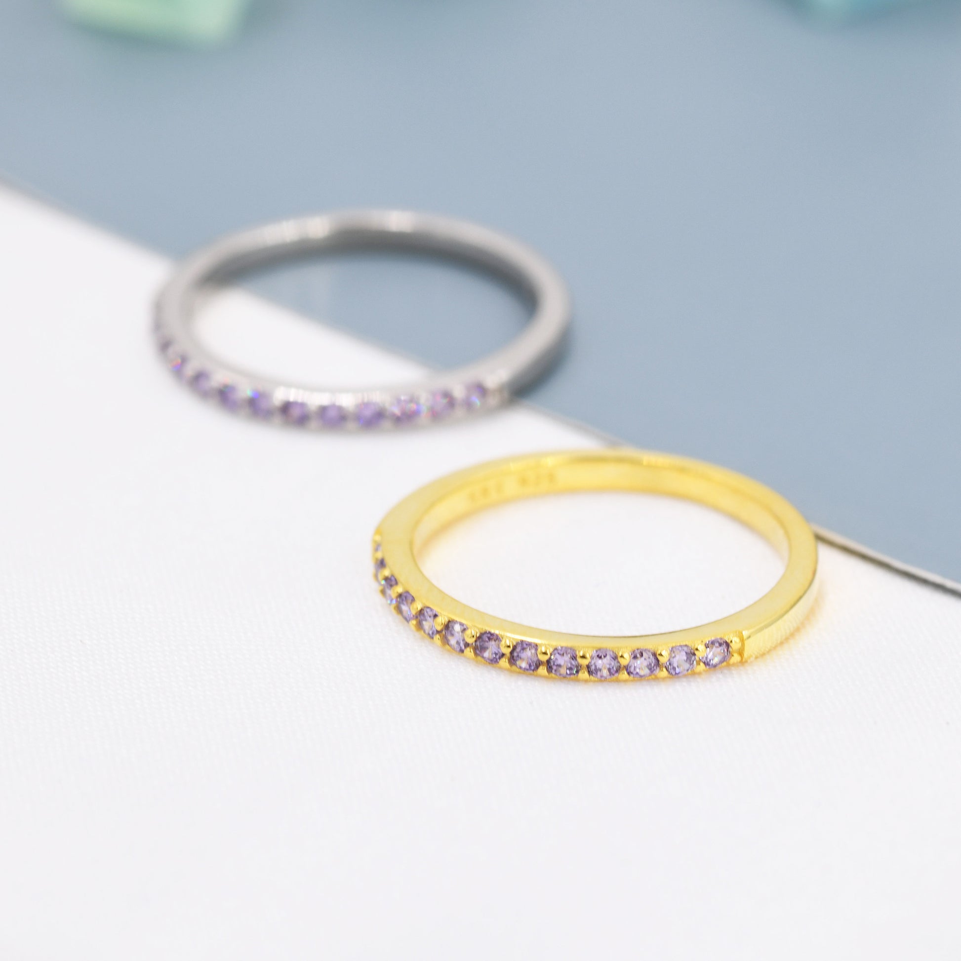 Amethyst Lilac Purple Half Eternity Ring in Sterling Silver, Silver or Gold, Green Purple CZ Skinny Ring, Minimalist Stacking Ring US 5 - 8