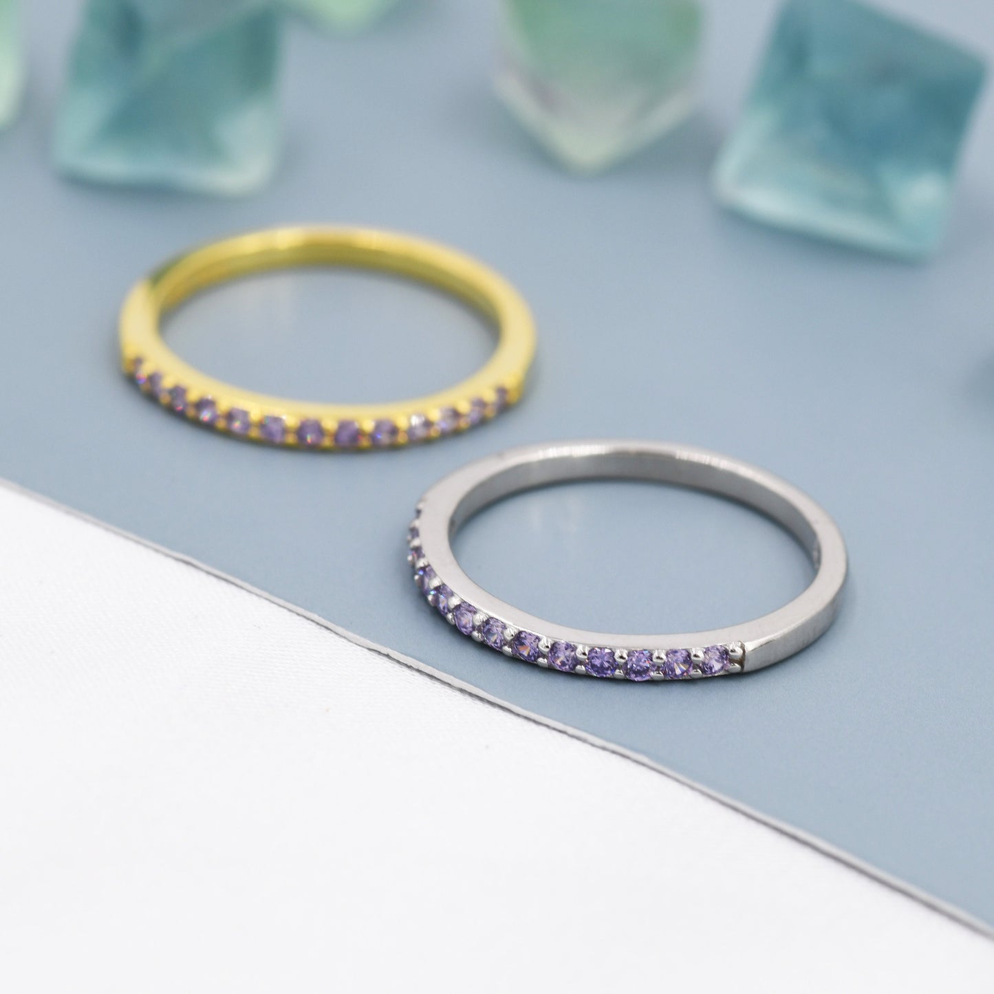 Amethyst Lilac Purple Half Eternity Ring in Sterling Silver, Silver or Gold, Green Purple CZ Skinny Ring, Minimalist Stacking Ring US 5 - 8