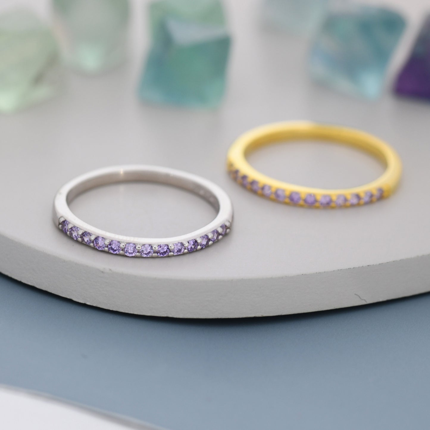 Amethyst Lilac Purple Half Eternity Ring in Sterling Silver, Silver or Gold, Green Purple CZ Skinny Ring, Minimalist Stacking Ring US 5 - 8