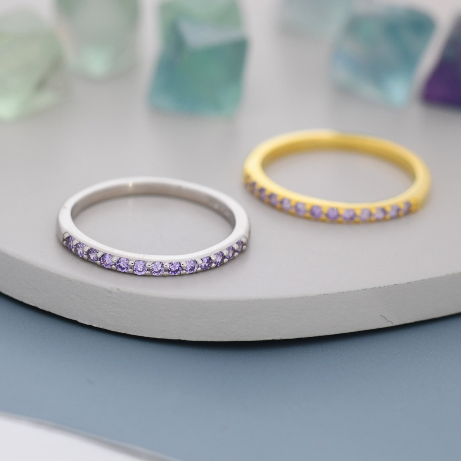 Amethyst Lilac Purple Half Eternity Ring in Sterling Silver, Silver or Gold, Green Purple CZ Skinny Ring, Minimalist Stacking Ring US 5 - 8