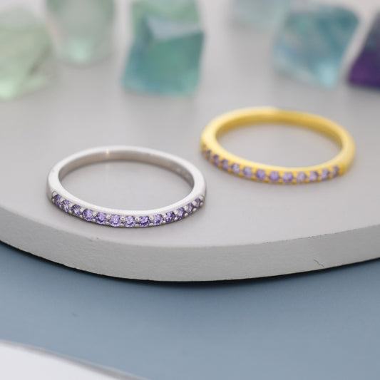 Amethyst Lilac Purple Half Eternity Ring in Sterling Silver, Silver or Gold, Green Purple CZ Skinny Ring, Minimalist Stacking Ring US 5 - 8