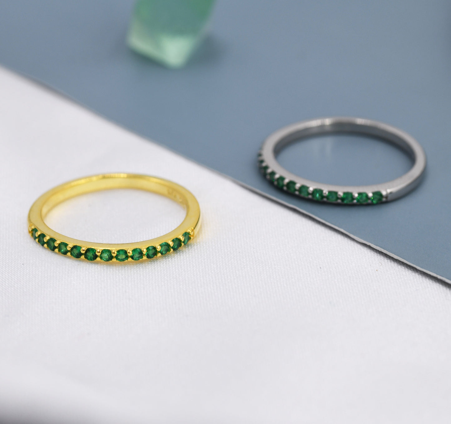 Emerald Green Half Eternity Ring in Sterling Silver, Silver or Gold, Green Emerald CZ Skinny Ring, Minimalist Stacking Ring US 5 - 8