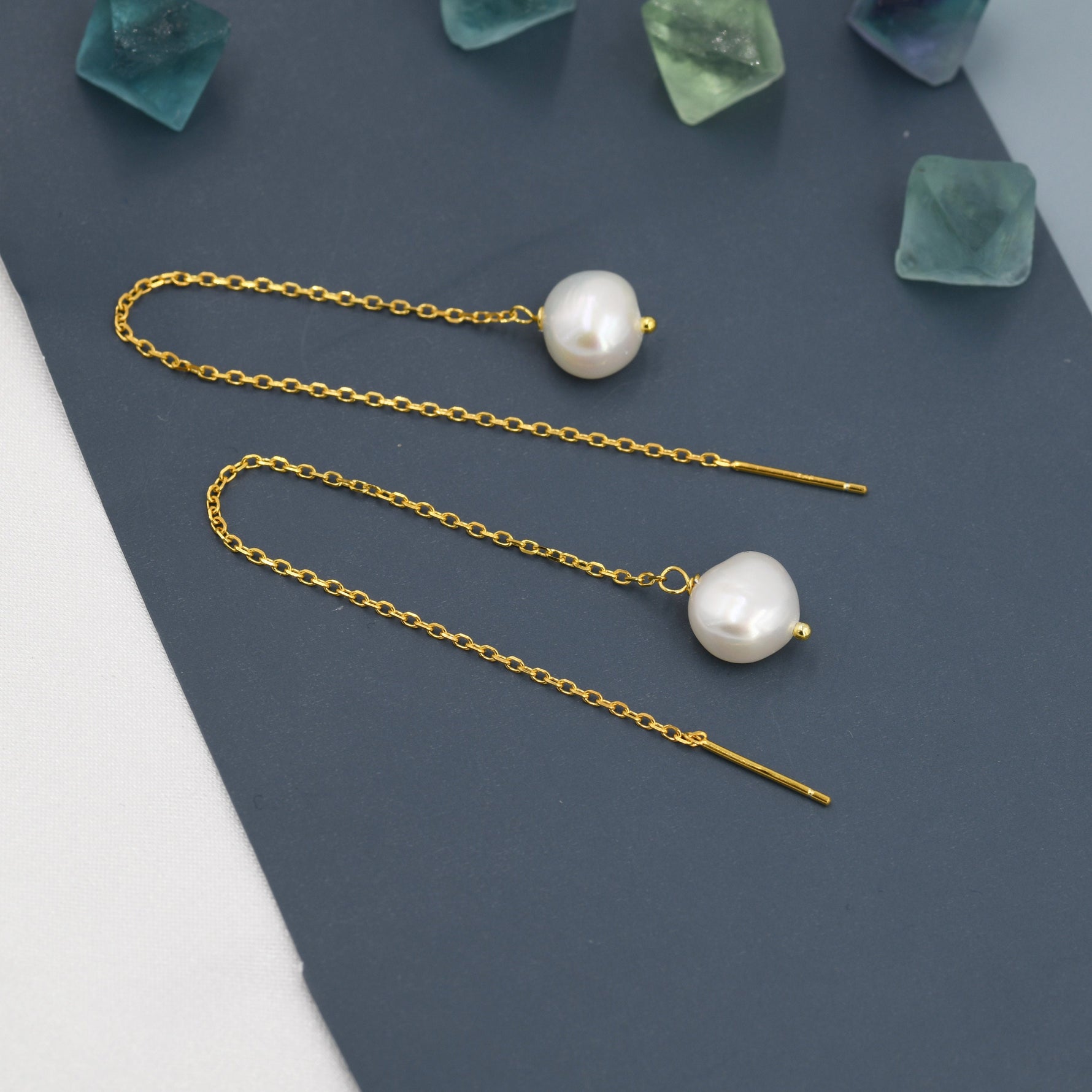 Genuine Fresh Water Pearl Threader Earrings in Sterling Silver, 9cm Long Ear Threaders, Natural Drop Baroque Pearl Ear Threaders,