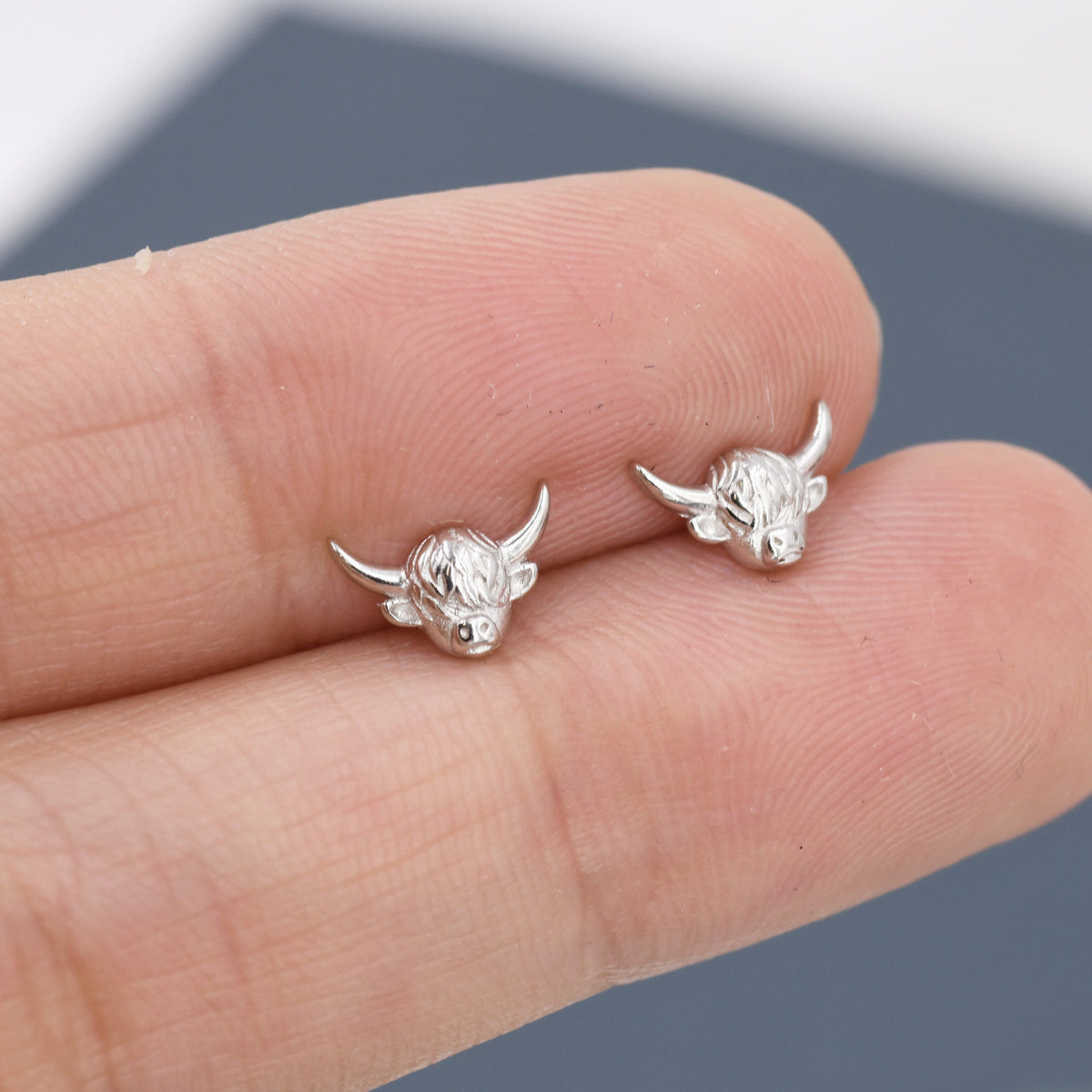 Tiny Highland Cow 18G Screw Back Earrings in Sterling Silver, Animal Earrings