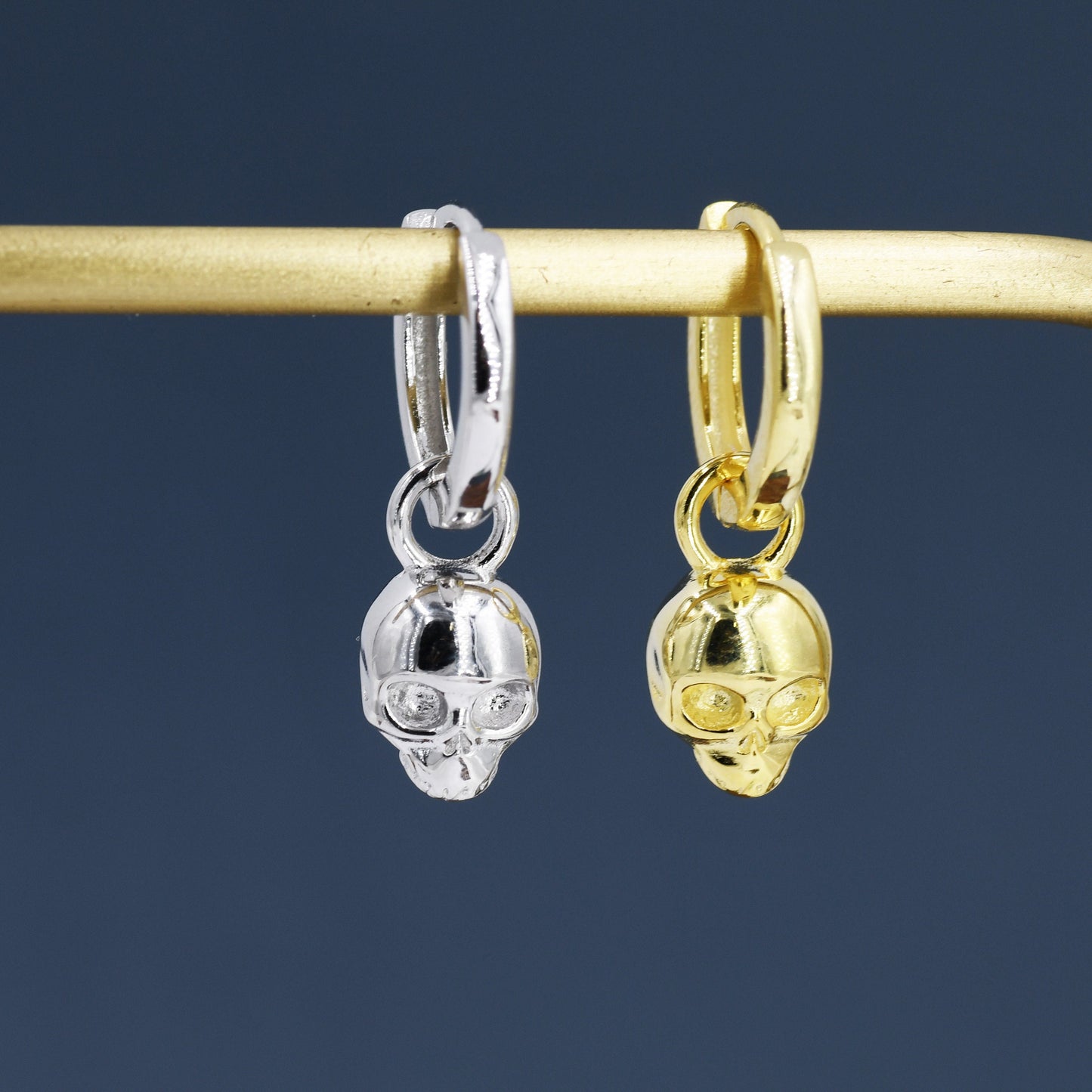 Sterling Silver Tiny Skull Hoop Earrings, 8mm Hoops, Detachable Charm Hoop Earrings, Silver or Gold, Interchangeable