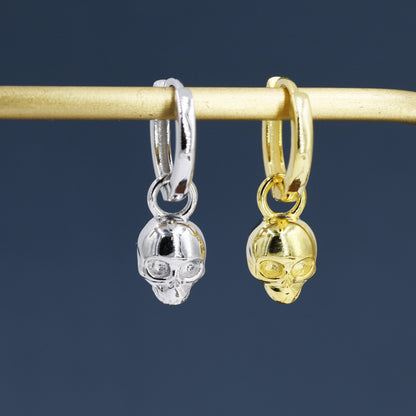 Sterling Silver Tiny Skull Hoop Earrings, 8mm Hoops, Detachable Charm Hoop Earrings, Silver or Gold, Interchangeable