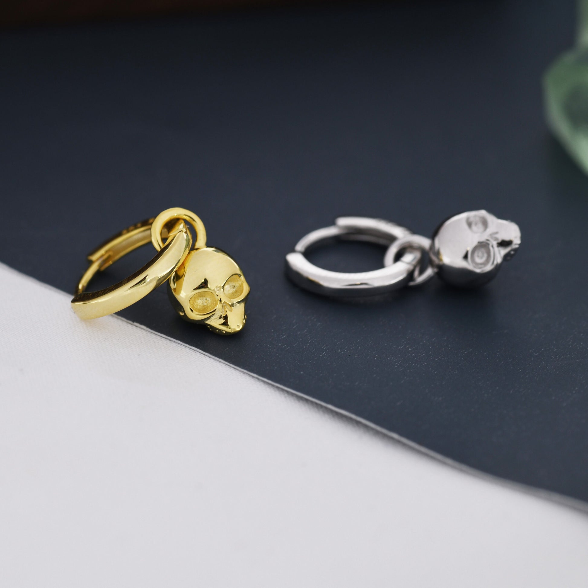 Sterling Silver Tiny Skull Hoop Earrings, 8mm Hoops, Detachable Charm Hoop Earrings, Silver or Gold, Interchangeable