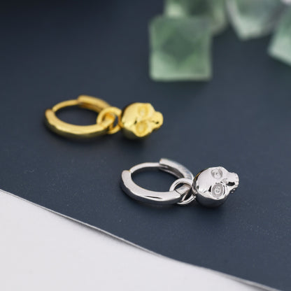 Sterling Silver Tiny Skull Hoop Earrings, 8mm Hoops, Detachable Charm Hoop Earrings, Silver or Gold, Interchangeable