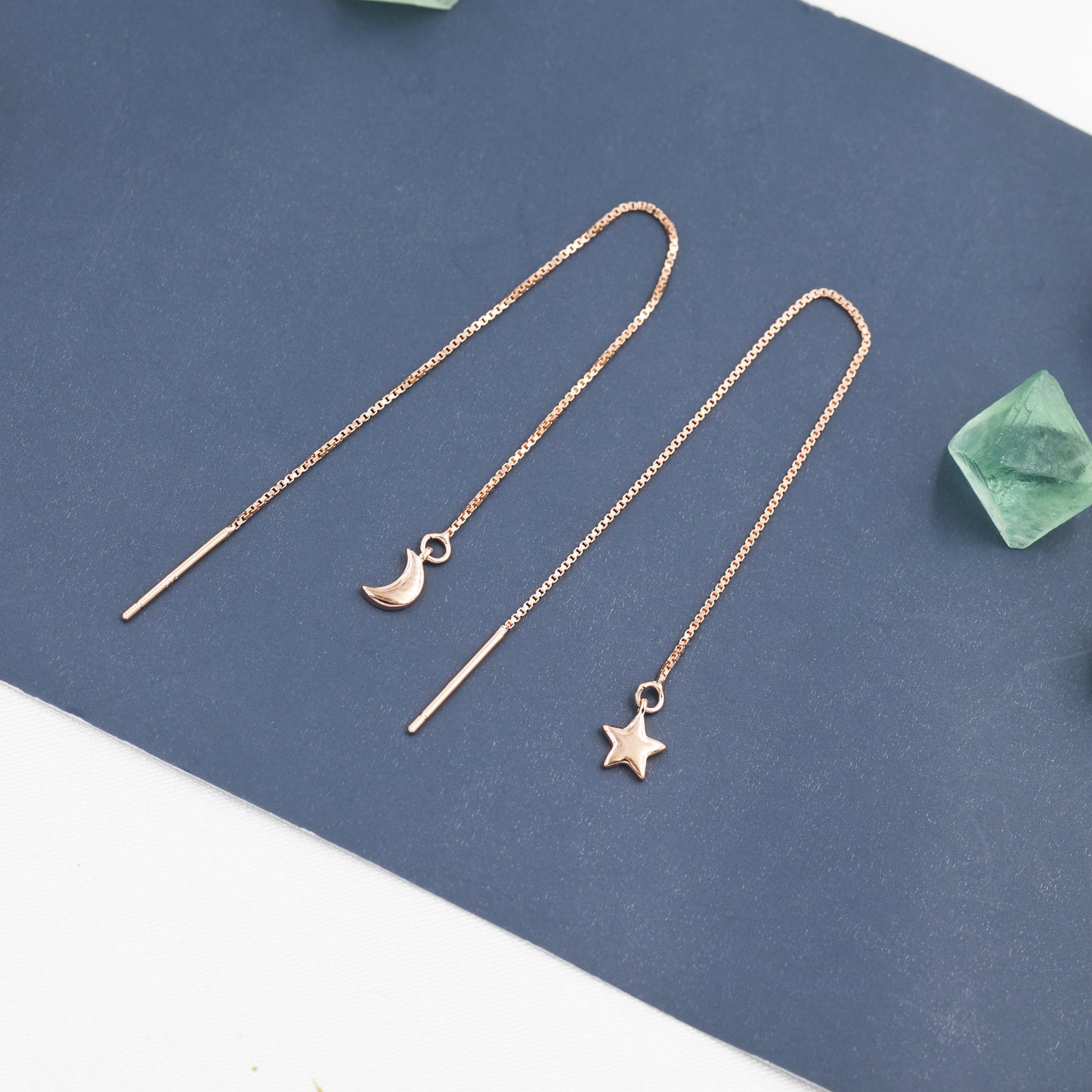 Moon and Star Threader Earrings in Sterling Silver, Silver or Gold, Crescent Moon Ear Threaders, 10cm long threaders, Double Piecing