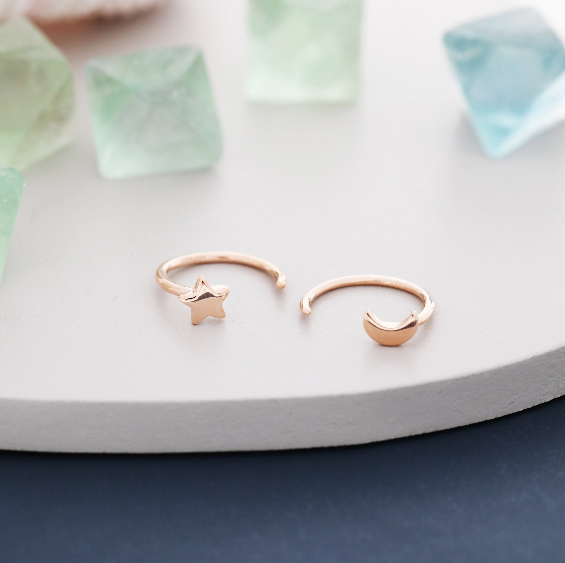 Tiny Mismatched Moon and Star Huggie Hoop Earrings in Sterling Silver, Asymmetric Pull Through Earrings, Half Hoop, Silver or Gold
