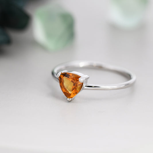 Genuine Yellow Citrine Ring in Sterling Silver, Natural Trillion Cut Citrine Ring, Stacking Rings, US 5-8