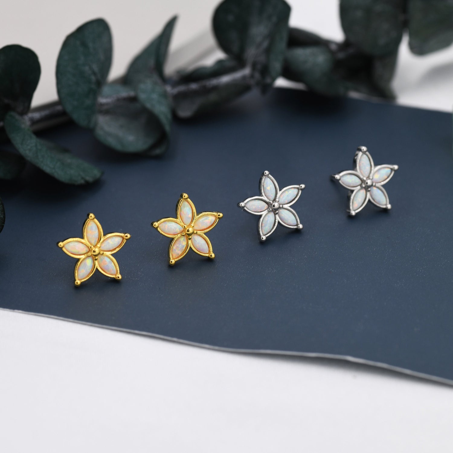Fire Opal Flower Stud Earrings in Sterling Silver - Gold or Silver - Opal Forget-me-not - Opal Cluster - Petite Stud Earrings