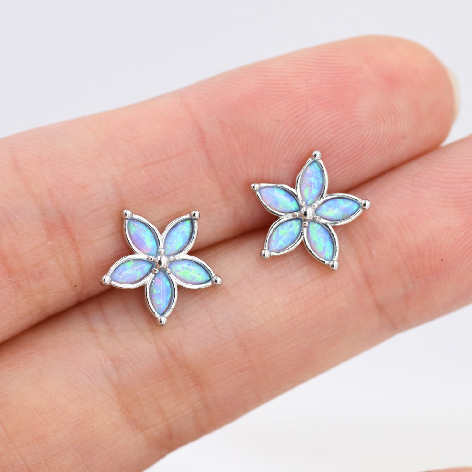 Blue Opal Flower Stud Earrings in Sterling Silver - Gold or Silver - Opal Forget-me-not - Opal Cluster - Petite Stud Earrings