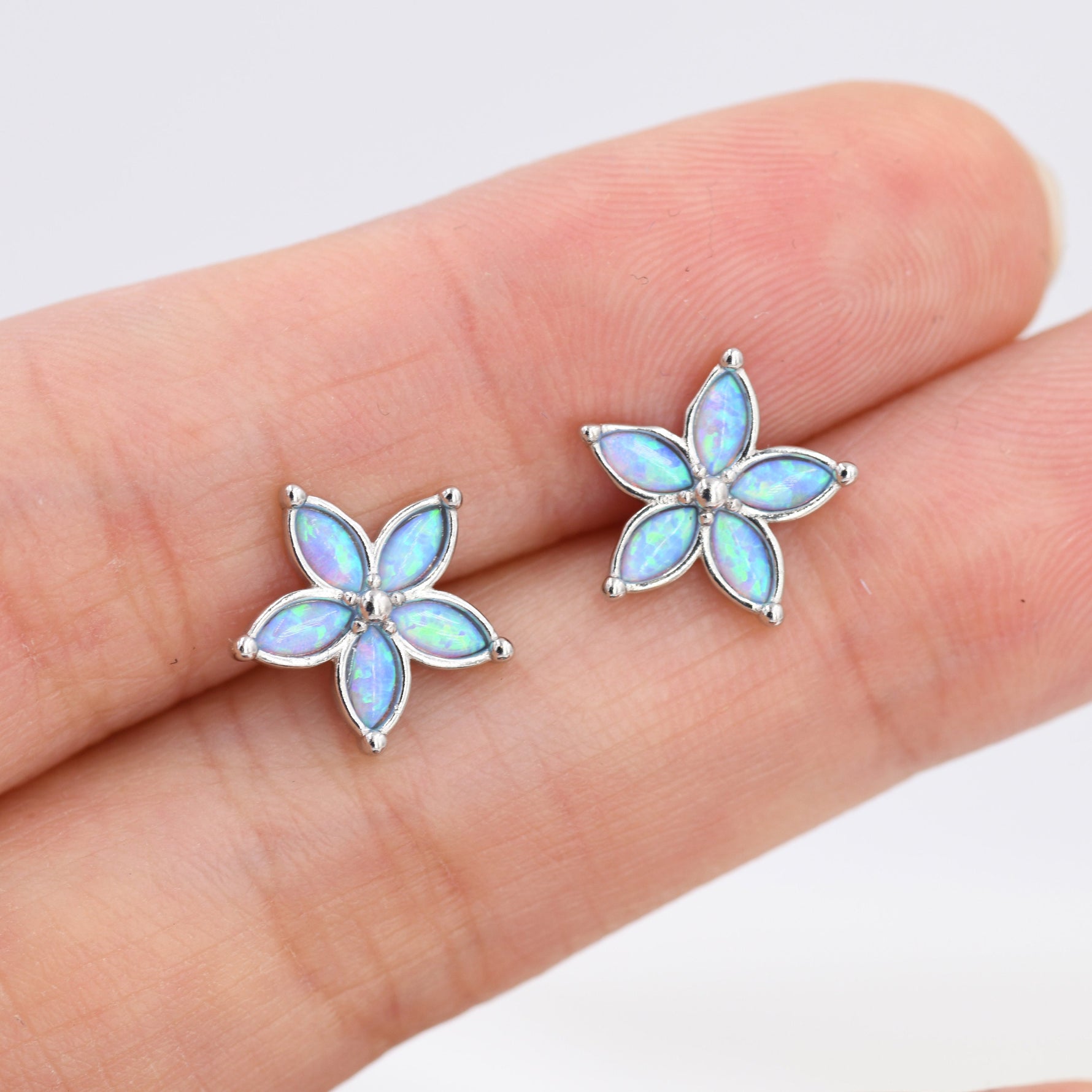 Blue Opal Flower Stud Earrings in Sterling Silver - Gold or Silver - Opal Forget-me-not - Opal Cluster - Petite Stud Earrings