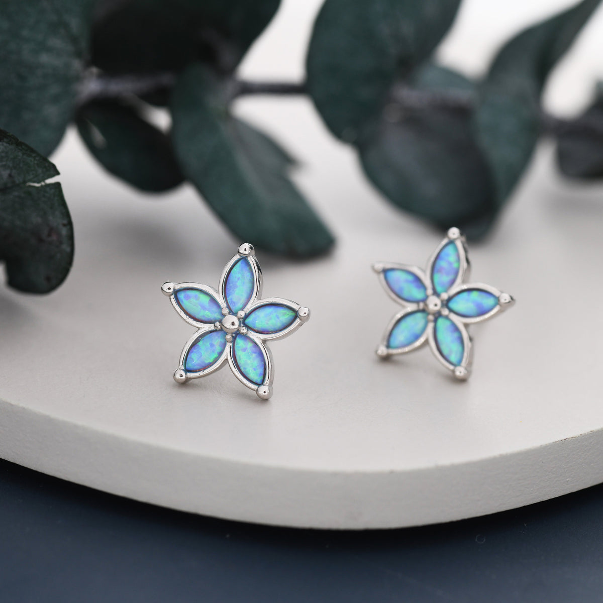 Blue Opal Flower Stud Earrings in Sterling Silver - Gold or Silver - Opal Forget-me-not - Opal Cluster - Petite Stud Earrings