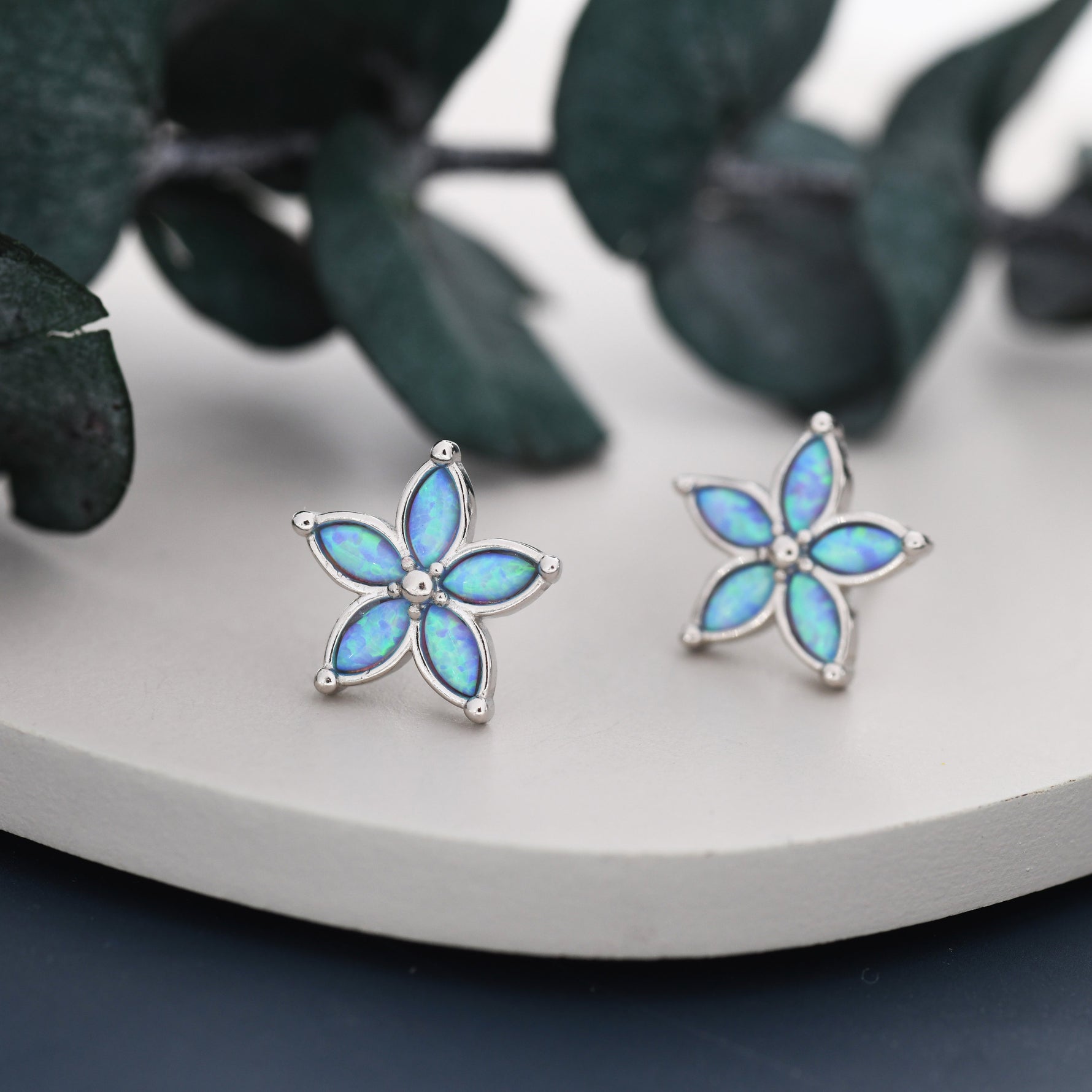 Blue Opal Flower Stud Earrings in Sterling Silver - Gold or Silver - Opal Forget-me-not - Opal Cluster - Petite Stud Earrings