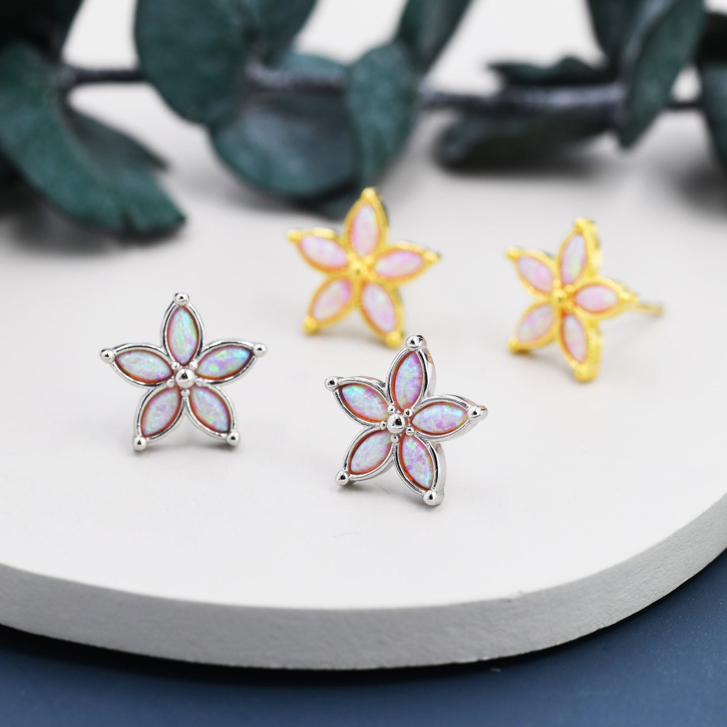 Stardust Opal Flower Stud Earrings in Sterling Silver - Gold or Silver - Opal Forget-me-not - Opal Cluster - Pink Opal Stud Earrings