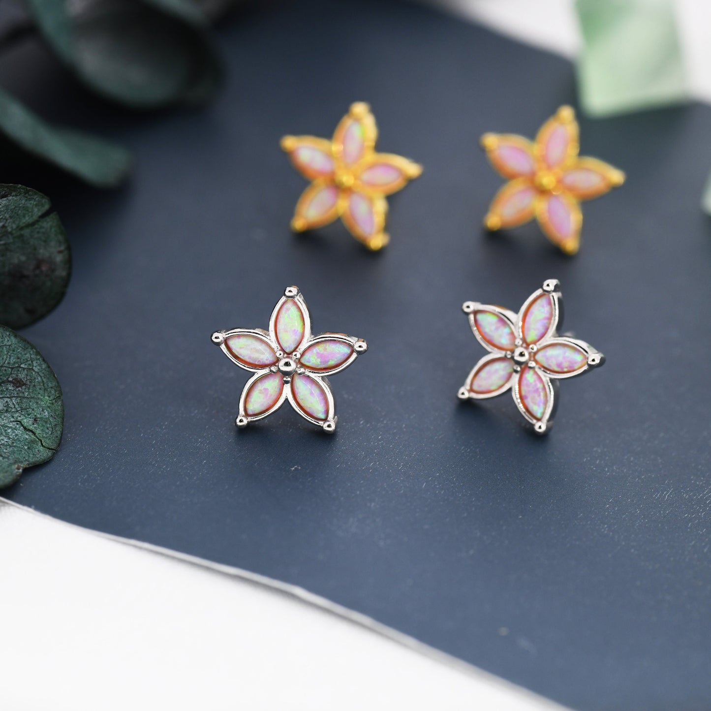 Stardust Opal Flower Stud Earrings in Sterling Silver - Gold or Silver - Opal Forget-me-not - Opal Cluster - Pink Opal Stud Earrings