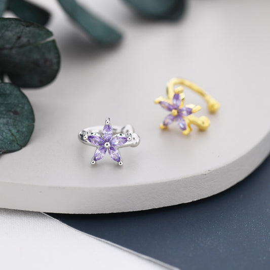 Lilac Purple CZ Flower Ear Cuff in Sterling Silver, Silver or Gold, Simple Piercing Free Earrings, Minimalist Ear Cuff