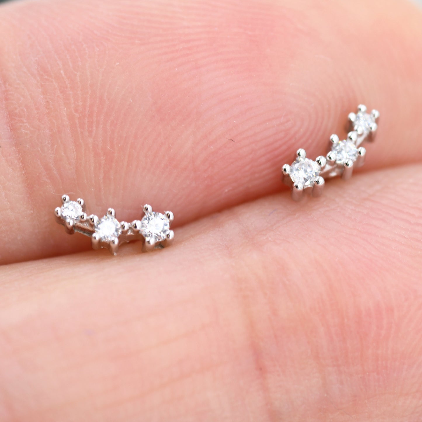 Extra Tiny CZ Trio Stud Earrings in Sterling Silver, Silver or Gold, Geometric Tiny Three Star CZ Earrings, Stacking Earrings