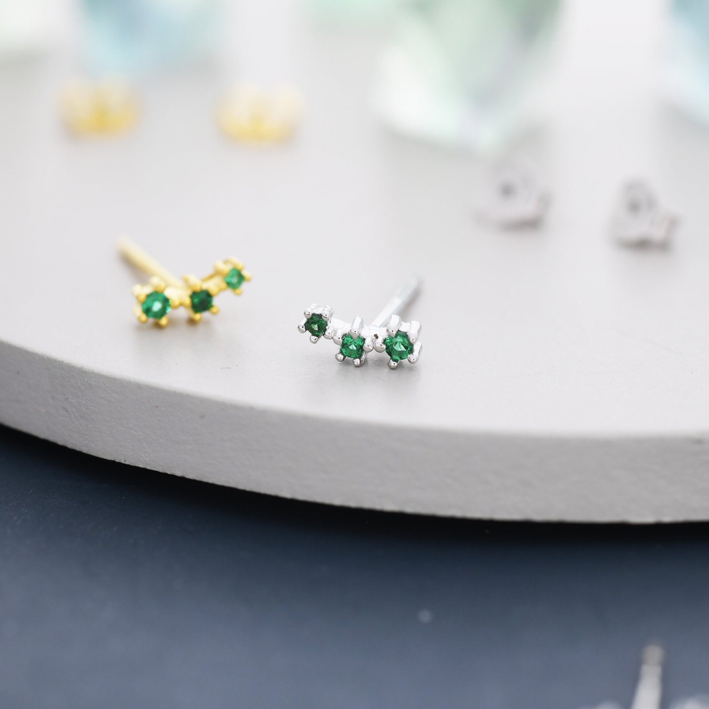 Extra Tiny Emerald Green CZ Trio Stud Earrings in Sterling Silver, Silver or Gold, Geometric Tiny Three Star CZ Earrings, Stacking Earrings