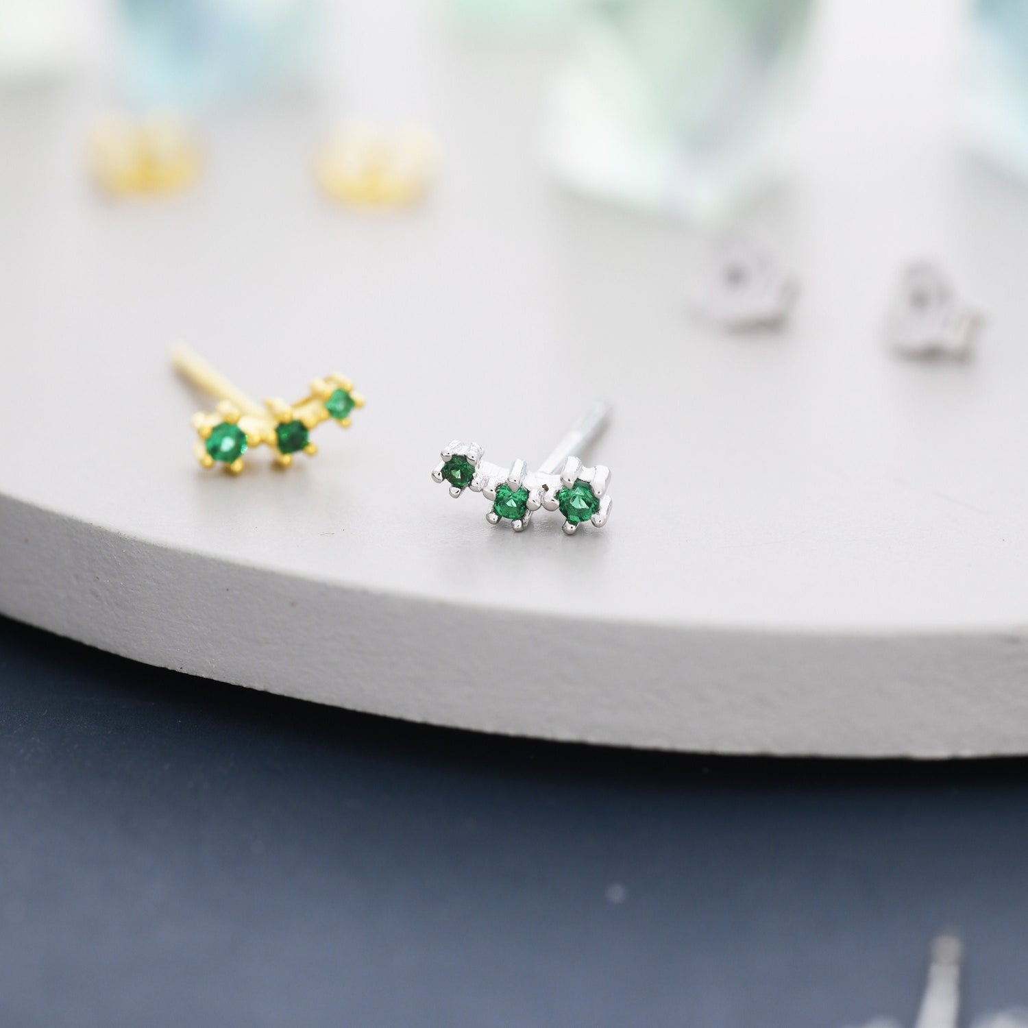 Extra Tiny Emerald Green CZ Trio Stud Earrings in Sterling Silver, Silver or Gold, Geometric Tiny Three Star CZ Earrings, Stacking Earrings