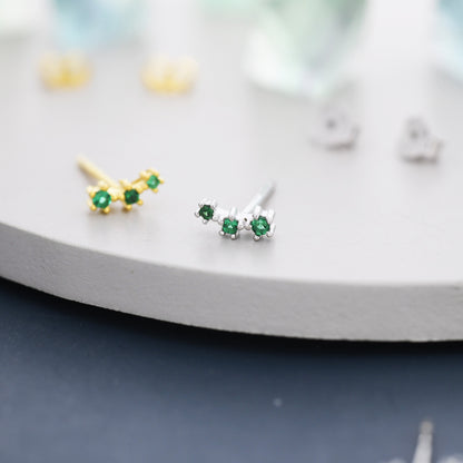 Extra Tiny Emerald Green CZ Trio Stud Earrings in Sterling Silver, Silver or Gold, Geometric Tiny Three Star CZ Earrings, Stacking Earrings