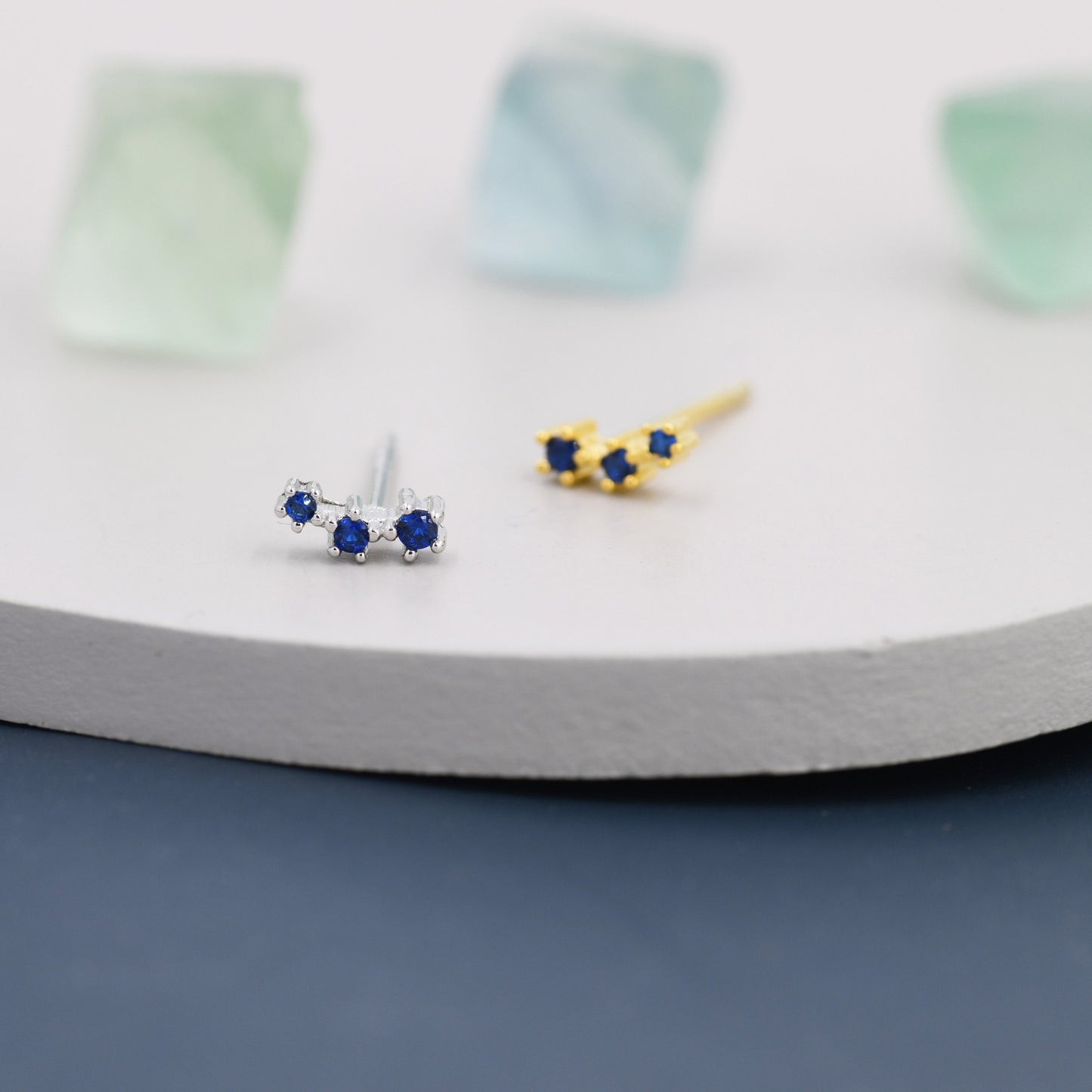 Extra Tiny Sapphire Blue CZ Trio Stud Earrings in Sterling Silver, Silver or Gold, Geometric Tiny Three Star CZ Earrings, Stacking Earrings