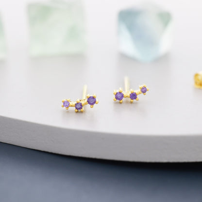 Extra Tiny Amethyst Purple CZ Trio Stud Earrings in Sterling Silver, Silver or Gold, Tiny Three Star CZ Earrings, Stacking Earrings