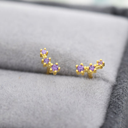 Extra Tiny Amethyst Purple CZ Trio Stud Earrings in Sterling Silver, Silver or Gold, Tiny Three Star CZ Earrings, Stacking Earrings