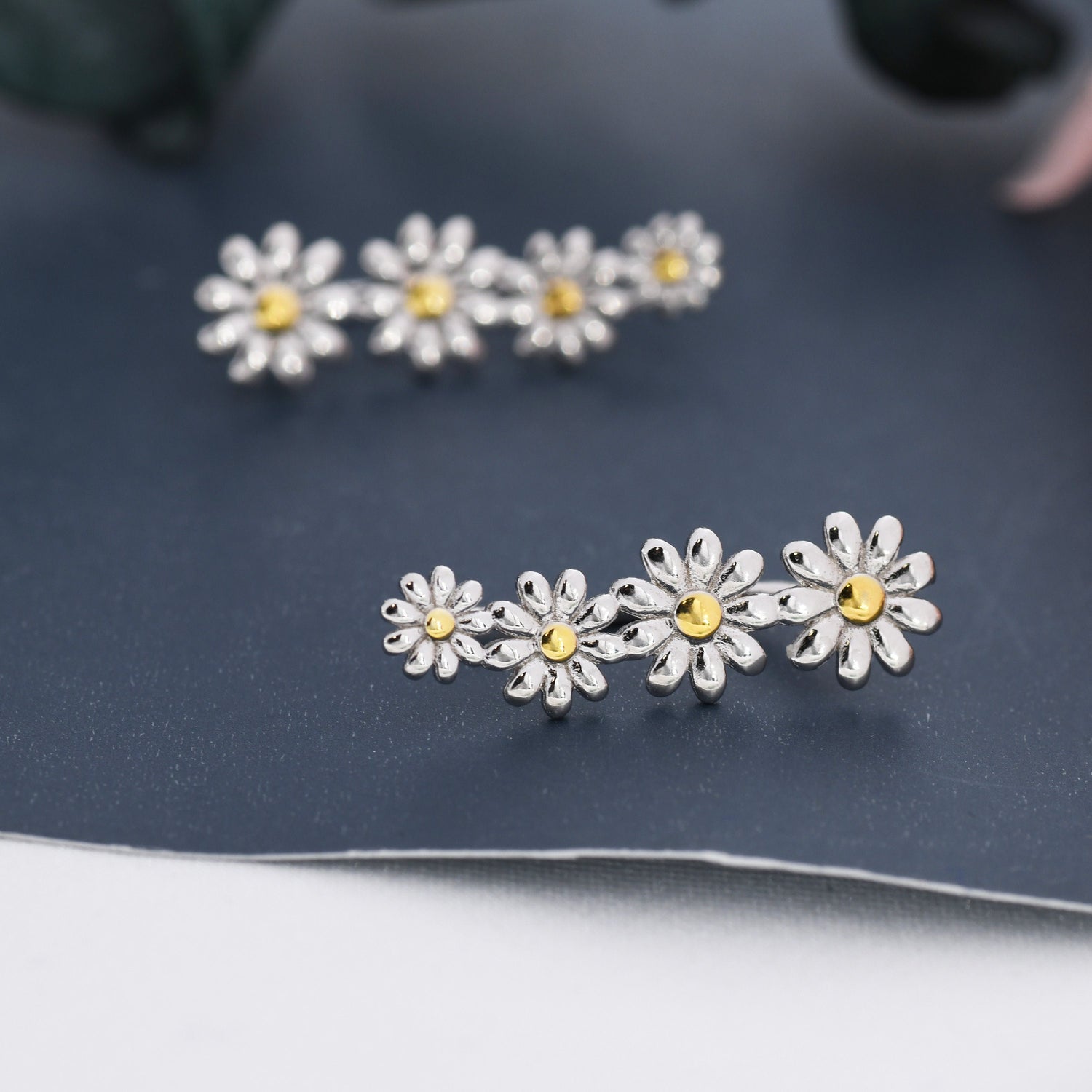 Daisy Flower Crawler Earrings in Sterling Silver, Two Tone Finish, Daisy Chain, Flower Earrings, Ear Climbers