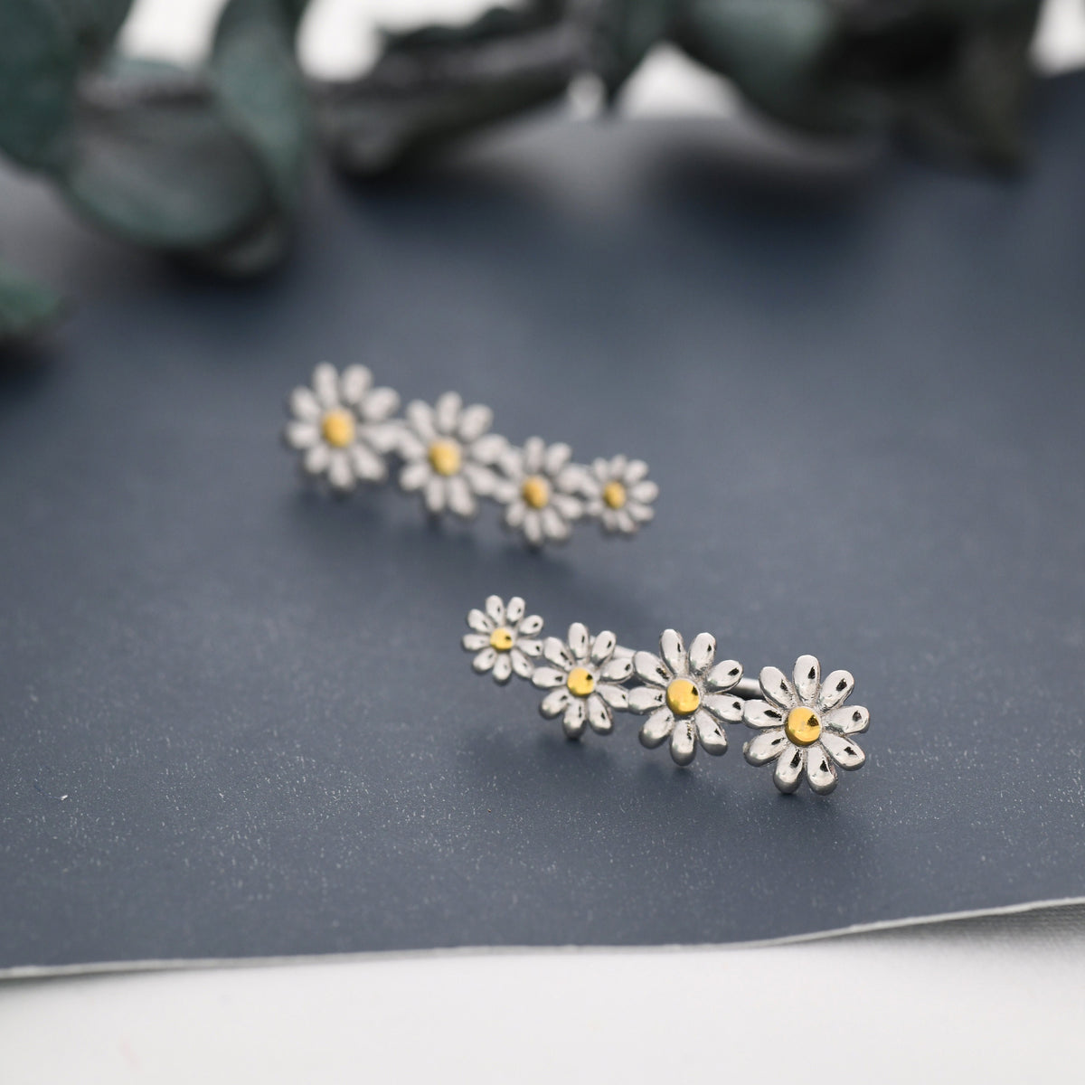 Daisy Flower Crawler Earrings in Sterling Silver, Two Tone Finish, Daisy Chain, Flower Earrings, Ear Climbers