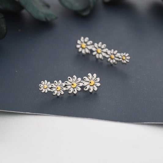 Daisy Flower Crawler Earrings in Sterling Silver, Two Tone Finish, Daisy Chain,  Flower Earrings, Ear Climbers