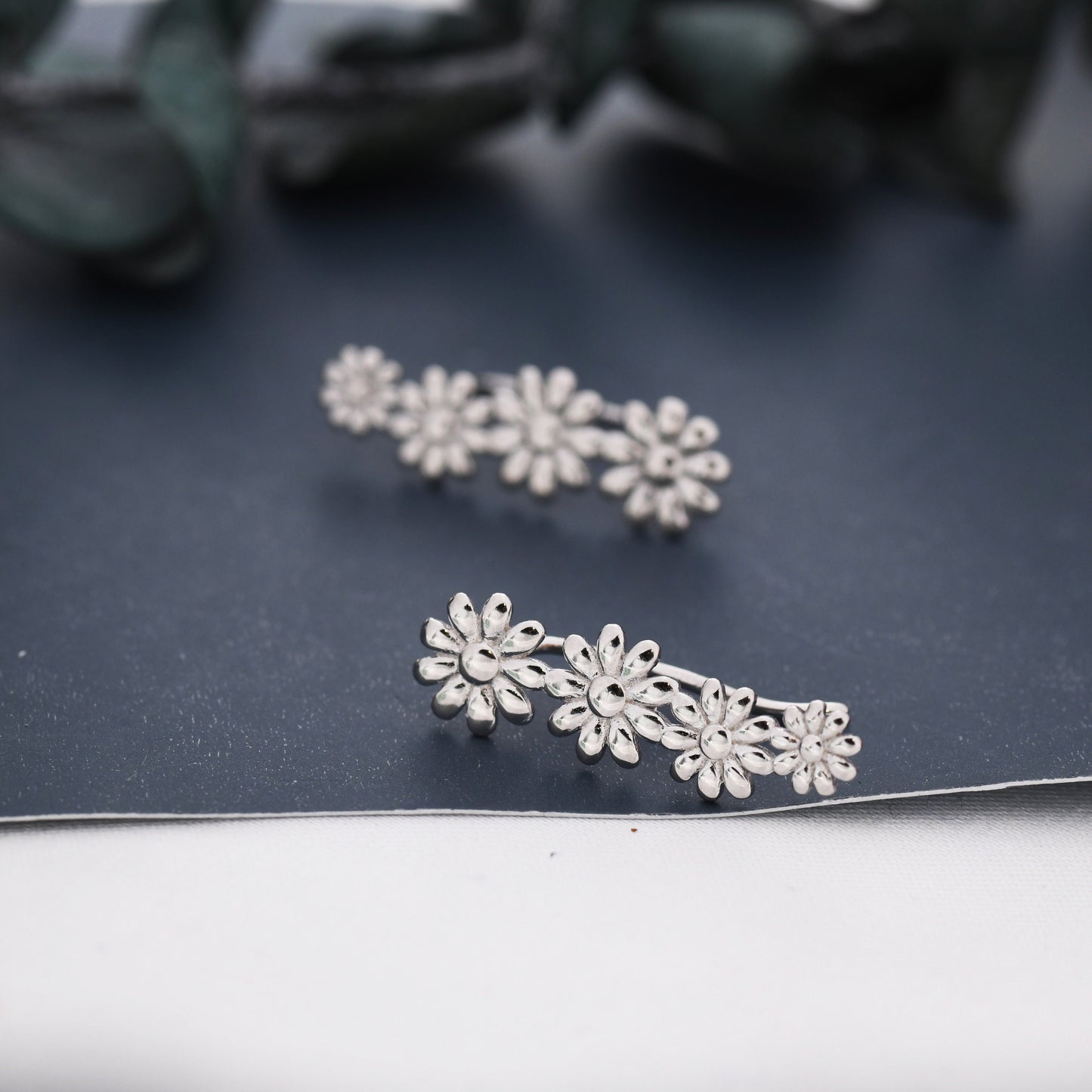 Daisy Flower Crawler Earrings in Sterling Silver, Daisy Chain,  Flower Earrings, Ear Climbers, Daisy Earrings