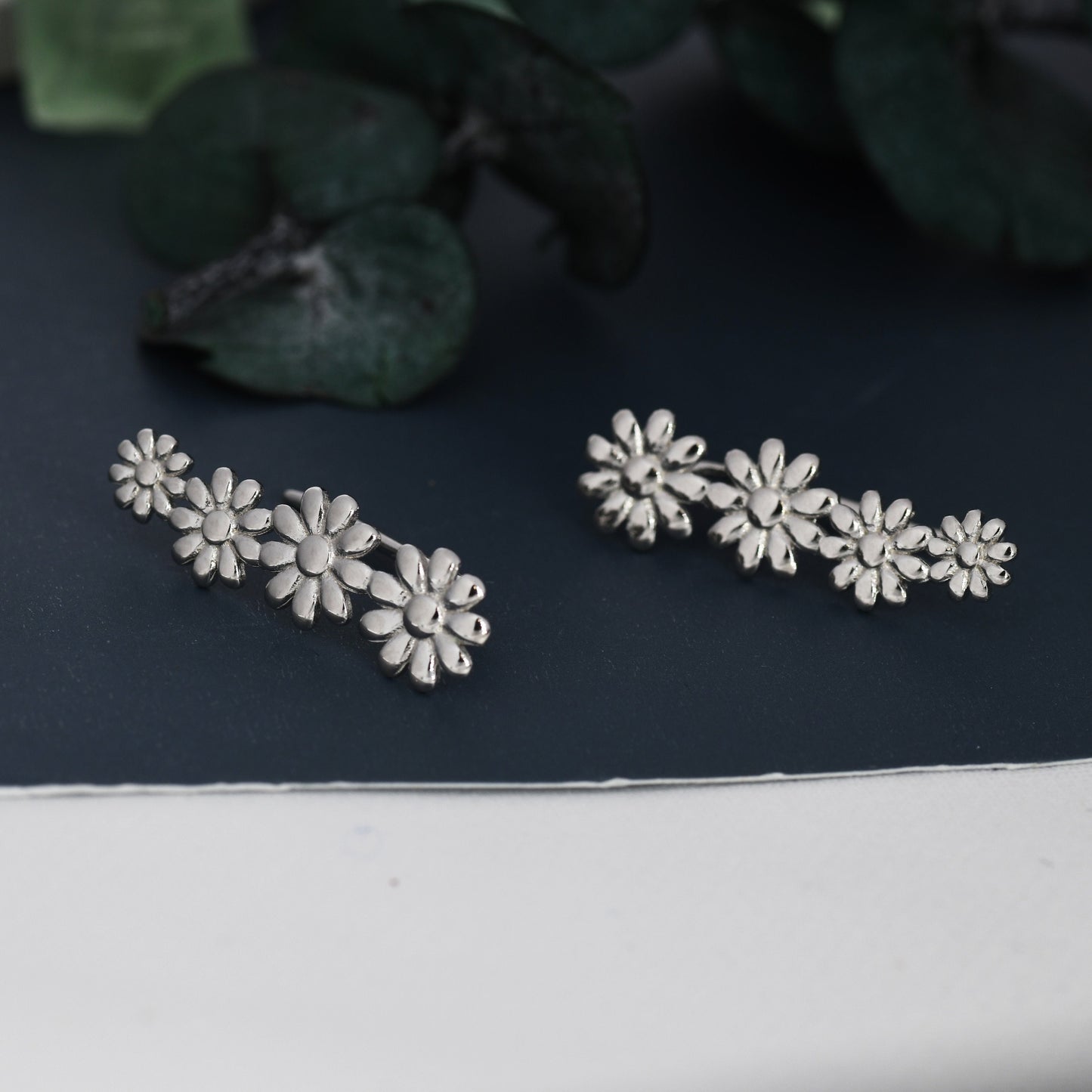 Daisy Flower Crawler Earrings in Sterling Silver, Daisy Chain,  Flower Earrings, Ear Climbers, Daisy Earrings