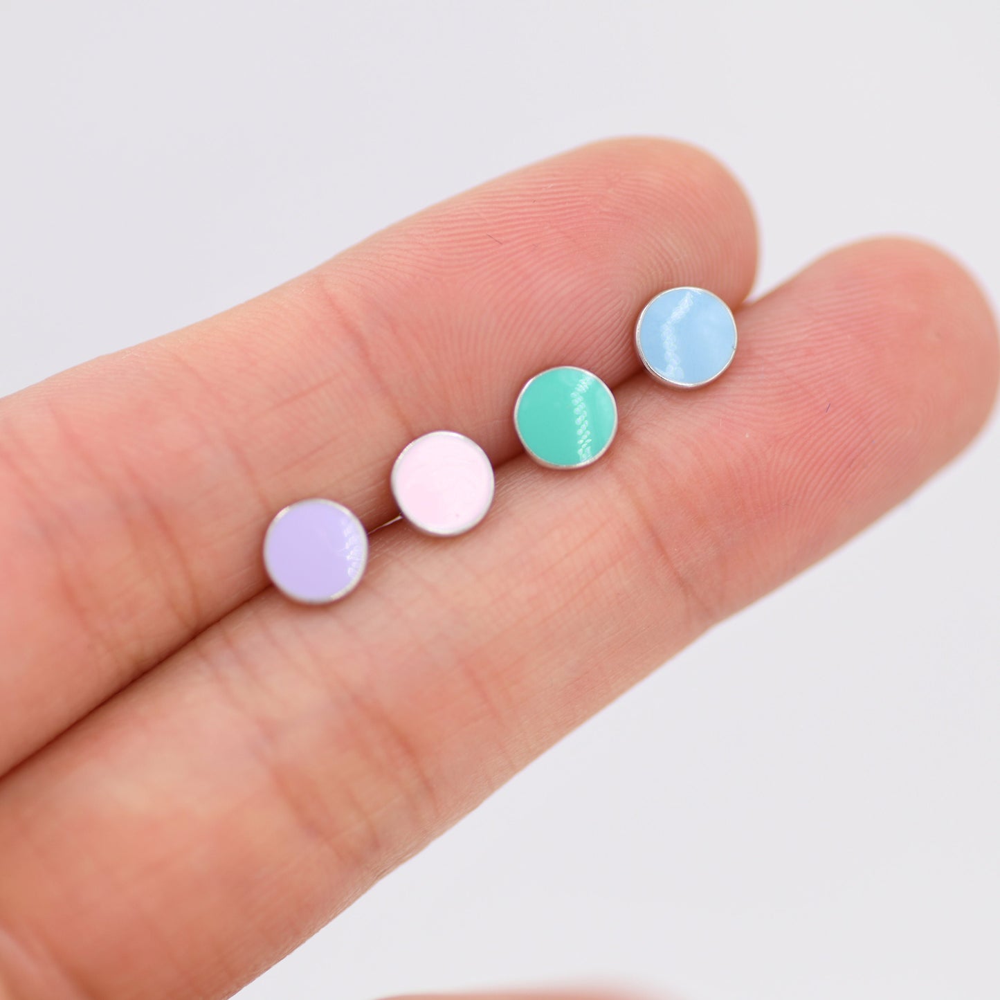 Teal Green Circle Dot Stud Earrings in Sterling Silver with Hand Painted Enamel, Pastel Stud,  Enamel Dot, 6mm