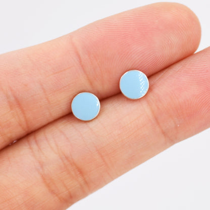 Blue Circle Dot Stud Earrings in Sterling Silver with Hand Painted Enamel, Pastel Stud, Enamel Dot, 6mm