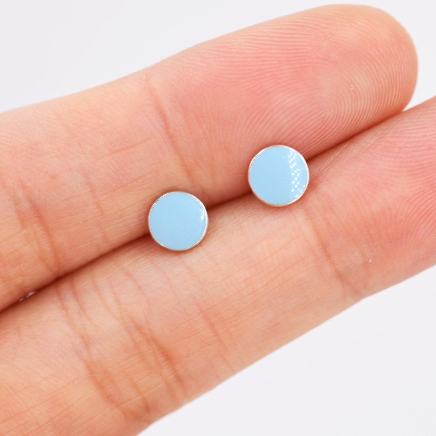 Blue Circle Dot Stud Earrings in Sterling Silver with Hand Painted Enamel, Pastel Stud,  Enamel Dot, 6mm