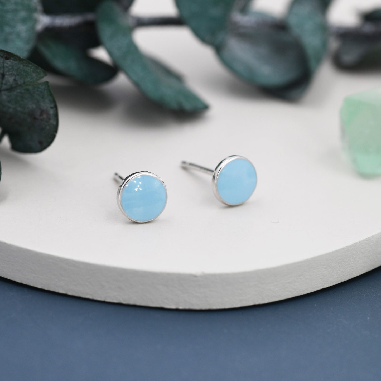 Blue Circle Dot Stud Earrings in Sterling Silver with Hand Painted Enamel, Pastel Stud,  Enamel Dot, 6mm