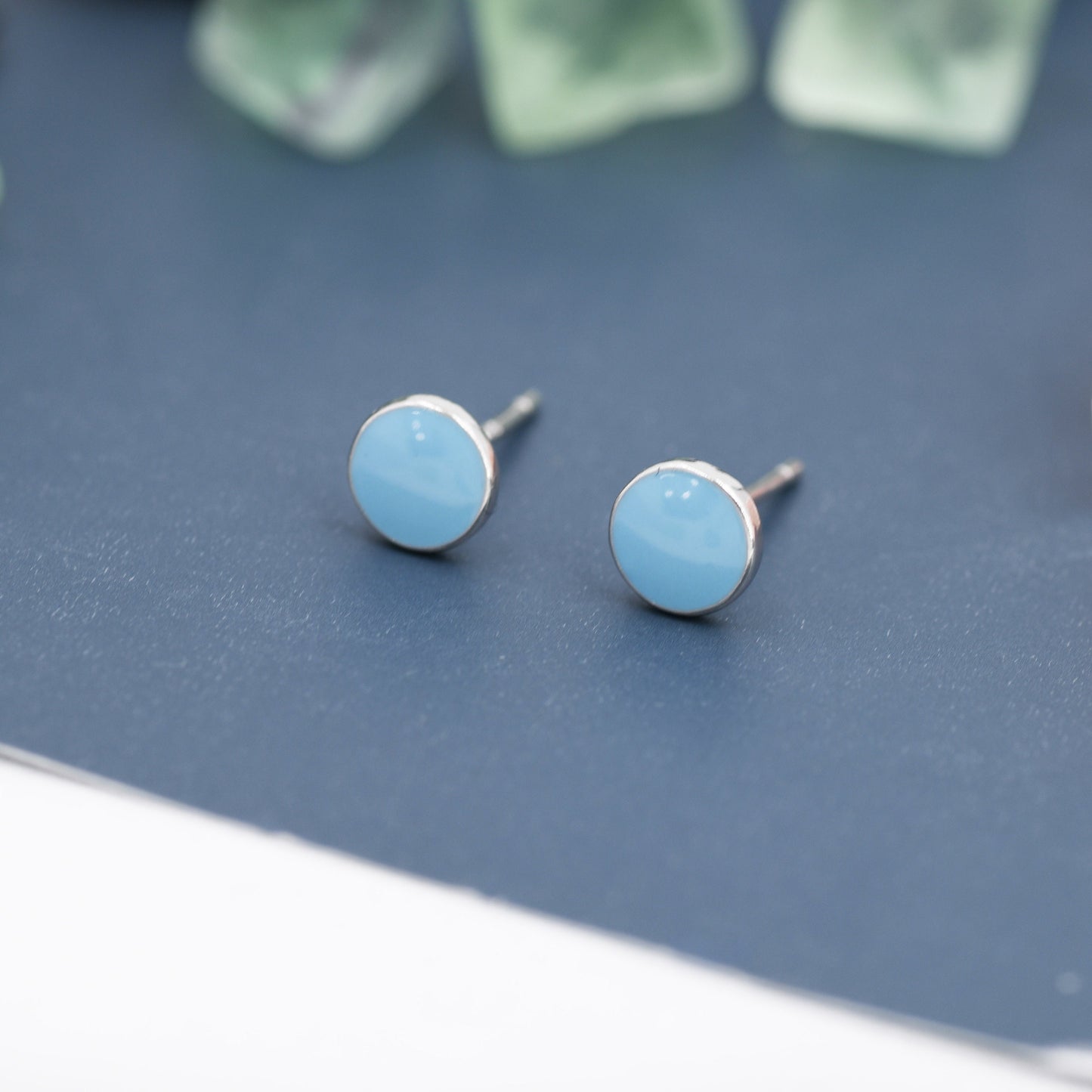 Blue Circle Dot Stud Earrings in Sterling Silver with Hand Painted Enamel, Pastel Stud,  Enamel Dot, 6mm