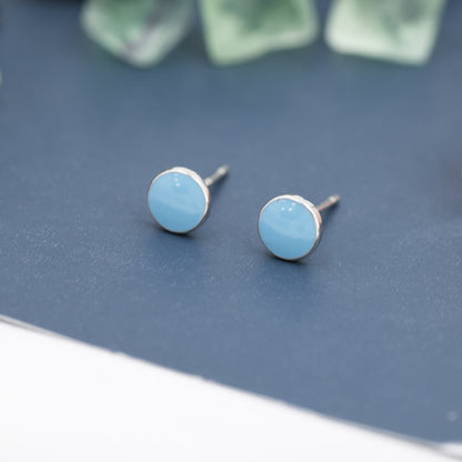 Blue Circle Dot Stud Earrings in Sterling Silver with Hand Painted Enamel, Pastel Stud,  Enamel Dot, 6mm