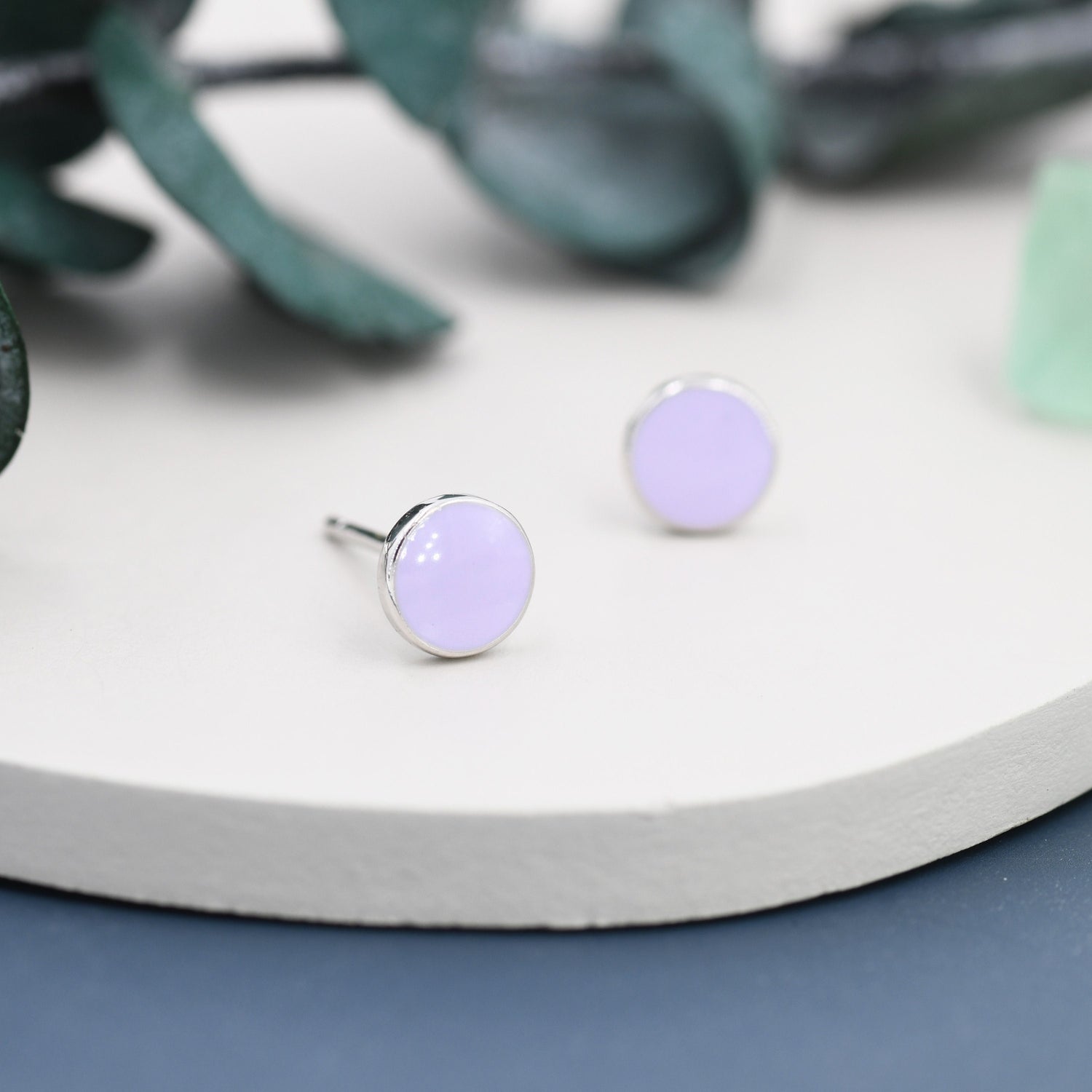 Lilac Purple Circle Dot Stud Earrings in Sterling Silver with Hand Painted Enamel, Pastel Stud,  Enamel Dot, 6mm