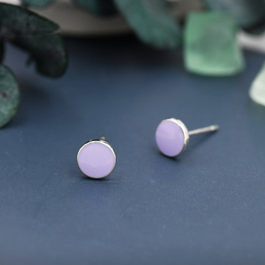 Lilac Purple Circle Dot Stud Earrings in Sterling Silver with Hand Painted Enamel, Pastel Stud,  Enamel Dot, 6mm